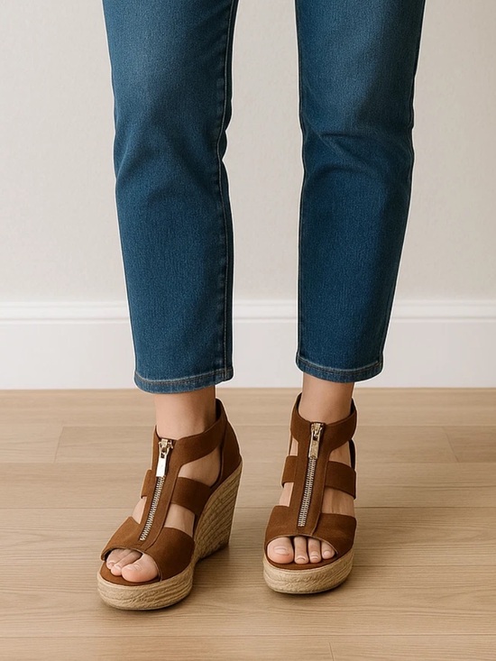 Shoes - Michael Kors Damita Brown suede espadrille Wedge Sandals with Front Zipper
